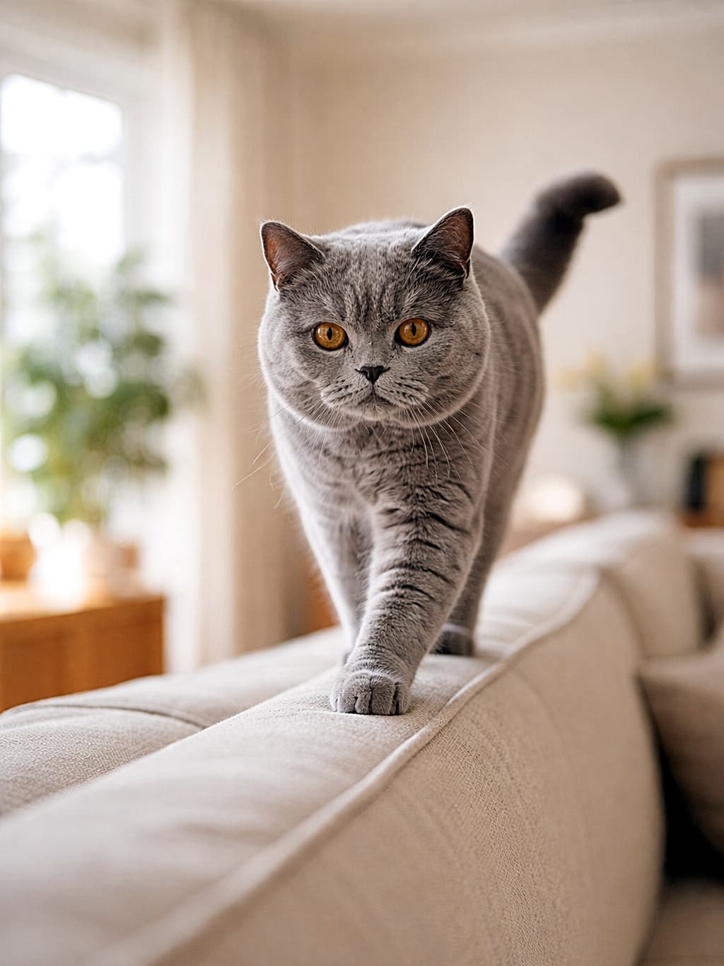 「ソファの背もたれはボクのランウェイ。余裕の表情で魅せる、完璧なバランス感覚!」A British Shorthair cat walking gracefully along the narrow back of a sofa, showing excellent balance in a bright living room. 明るいリビングで、ソファの背もたれの上を優雅に歩き、抜群のバランス感覚を見せるブリティッシュショートヘアの猫
