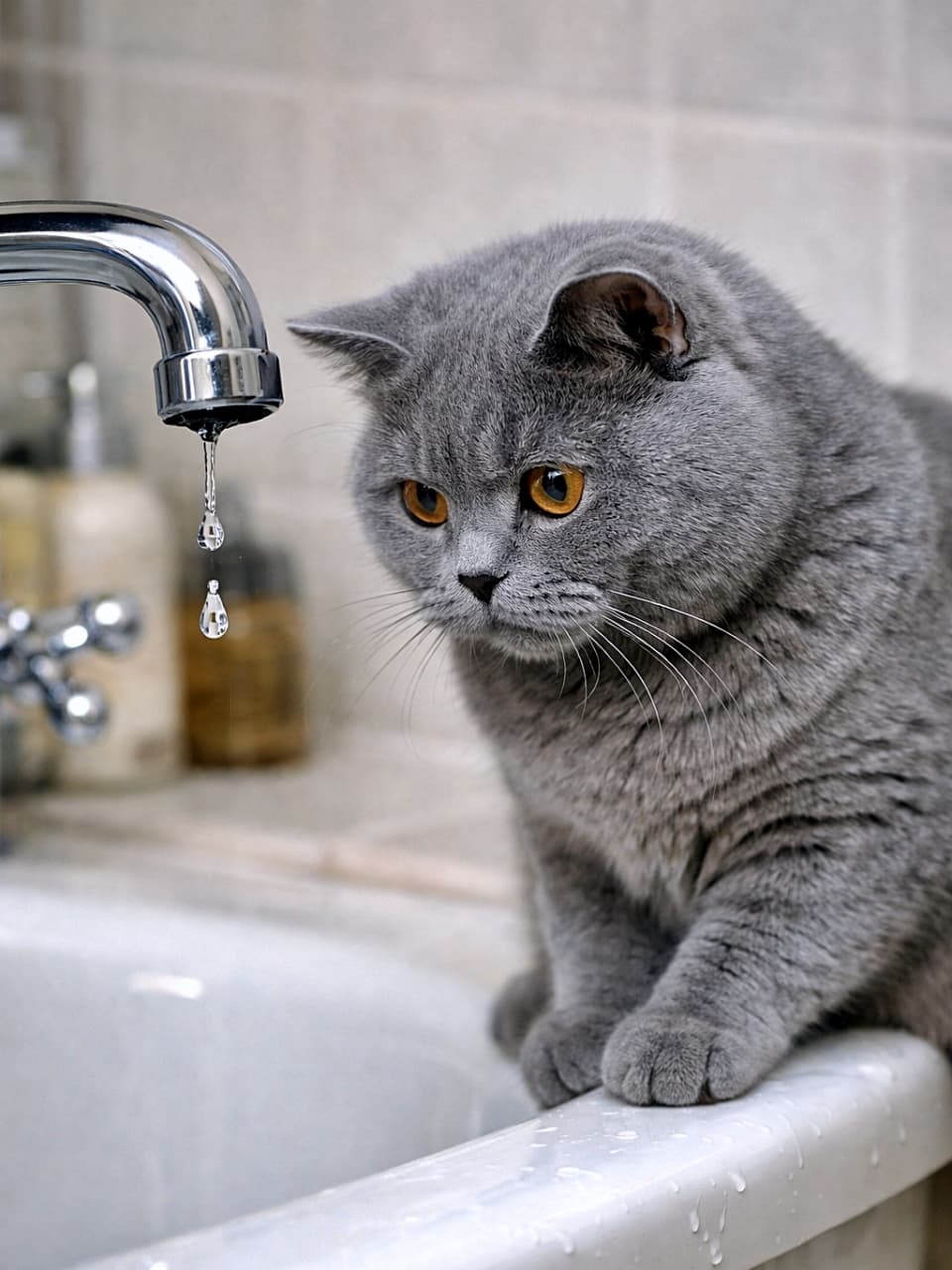 「一滴の水に全集中。ブリティッシュショートヘアの真剣すぎる観察タイム🛁🐱」A British Shorthair cat sitting on the edge of a bathtub, carefully watching a single drop of water falling from the faucet. 浴槽の縁に座り、蛇口から落ちる一滴の水をじっと見つめるブリティッシュショートヘアの猫