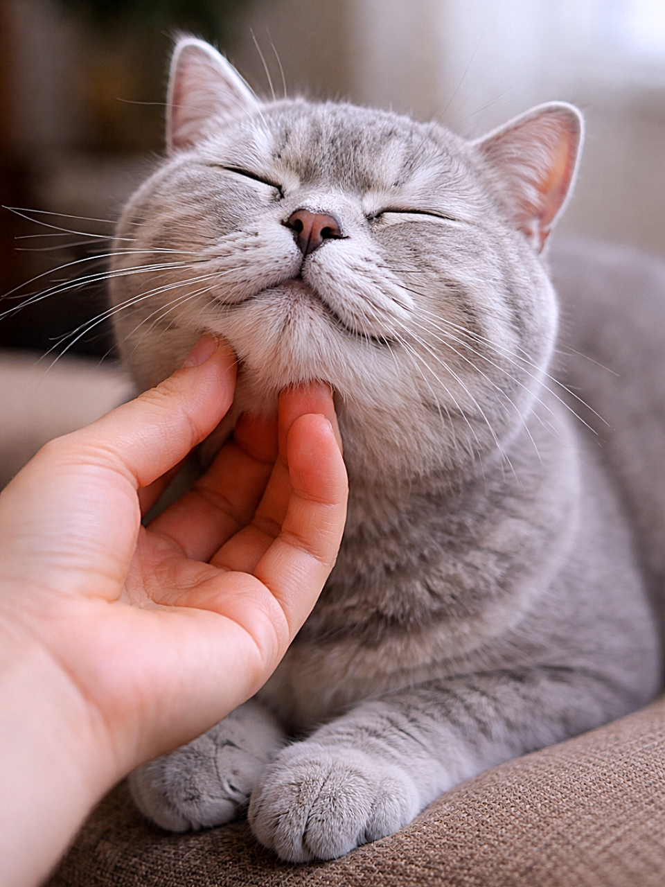 「あごナデ至福タイム!とろけ顔が可愛すぎる瞬間」A close-up of a blissful British Shorthair cat with its eyes closed while a person gently strokes under its chin, enjoying the affection. 人の手にあごを優しく撫でられ、目を閉じてうっとりしているブリティッシュショートヘアのクローズアップ