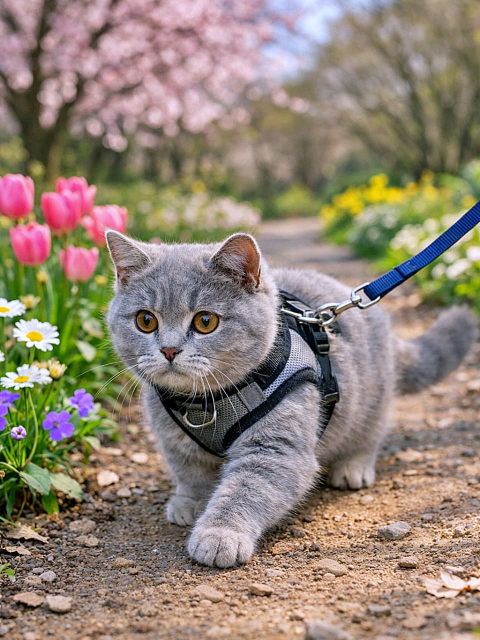 「春の公園デビュー!お花に囲まれて、そろりそろりな初お散歩🐾🌼」A young British Shorthair wearing a harness and leash, carefully walking along a park path surrounded by blooming spring flowers. ハーネスとリードを着けて、春の花が咲く公園の小道を慎重に歩く若いブリティッシュショートヘア
