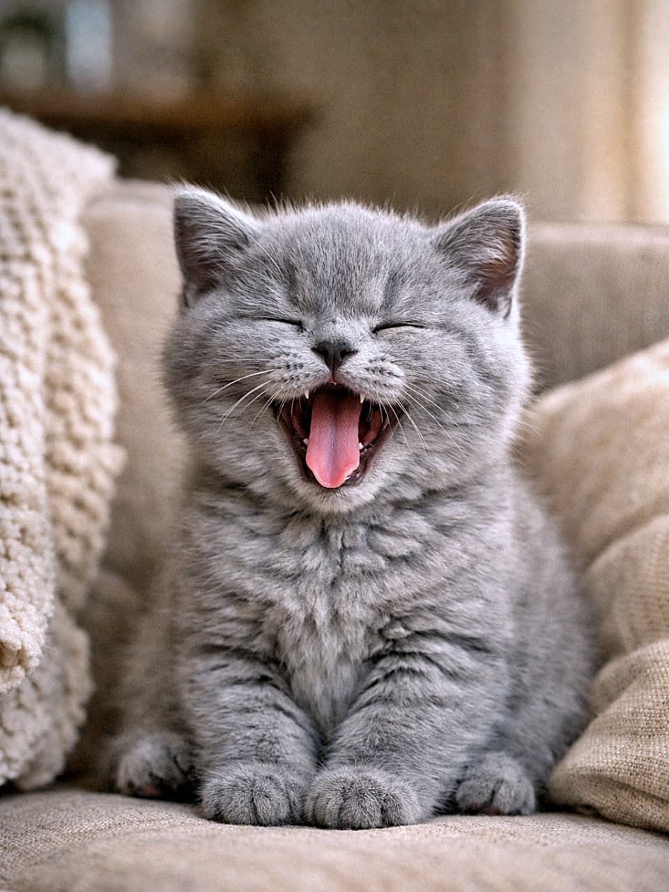 「ふわふわ子猫の全力あくび!眠気もかわいさもMAXな癒やしの瞬間」A British Shorthair kitten sitting on a cozy armchair, captured mid-yawn with its eyes closed and tiny pink tongue visible. 心地よいアームチェアに座り、大きなあくびをして目を閉じ、小さなピンクの舌を見せるブリティッシュショートヘアの子猫