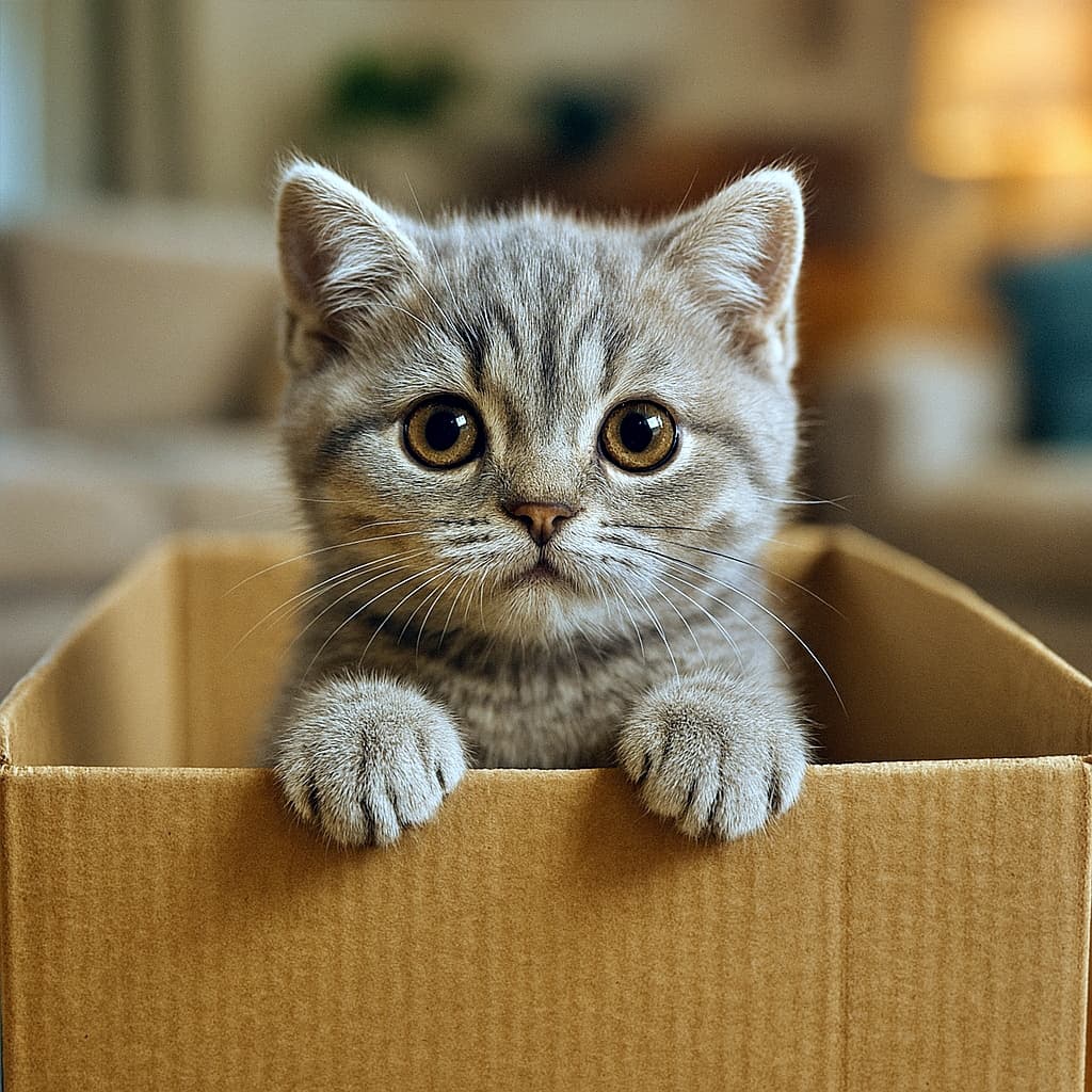 「ちょこんと登場!お部屋の主役はこの子かも?🐾」A small British Shorthair kitten peeks out from a cardboard box with its paws on the edge, set against a cozy, softly blurred living room background. 小さなブリティッシュショートヘアの子猫が段ボール箱から顔を出し、前足を縁に乗せている。背景には柔らかくぼかされた居心地の良いリビングルームが広がっている