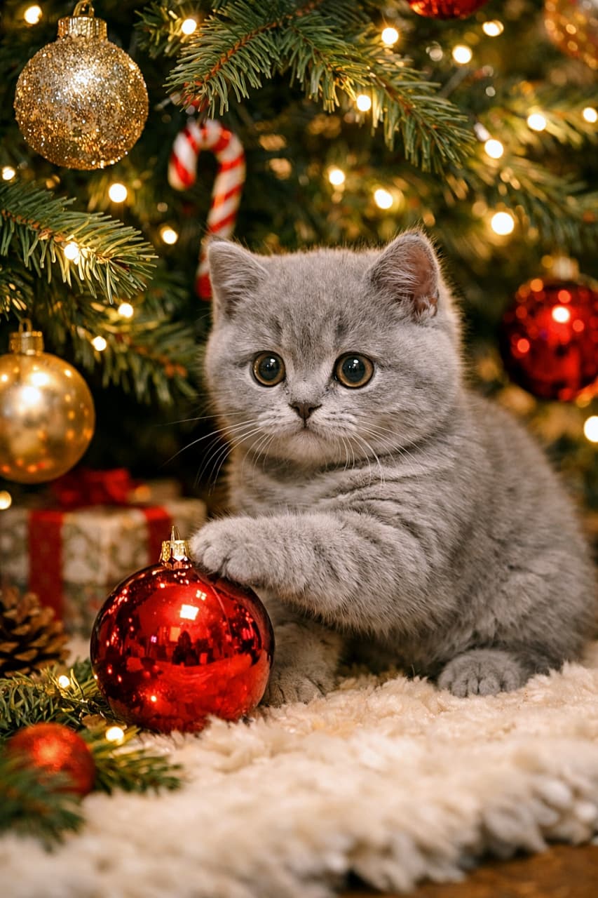 「「キラキラ発見!」ツリーの宝物にそっとタッチする好奇心いっぱいの子猫」A wide-eyed British Shorthair kitten sitting under a beautifully decorated Christmas tree, gently touching a shiny red bauble with its paw, surrounded by warm fairy lights and festive ornaments. 美しく飾られたクリスマスツリーの下で、きらきらした赤いオーナメントに前足でそっと触れる、目を丸くしたブリティッシュショートヘアの子猫。暖かなイルミネーションに囲まれている