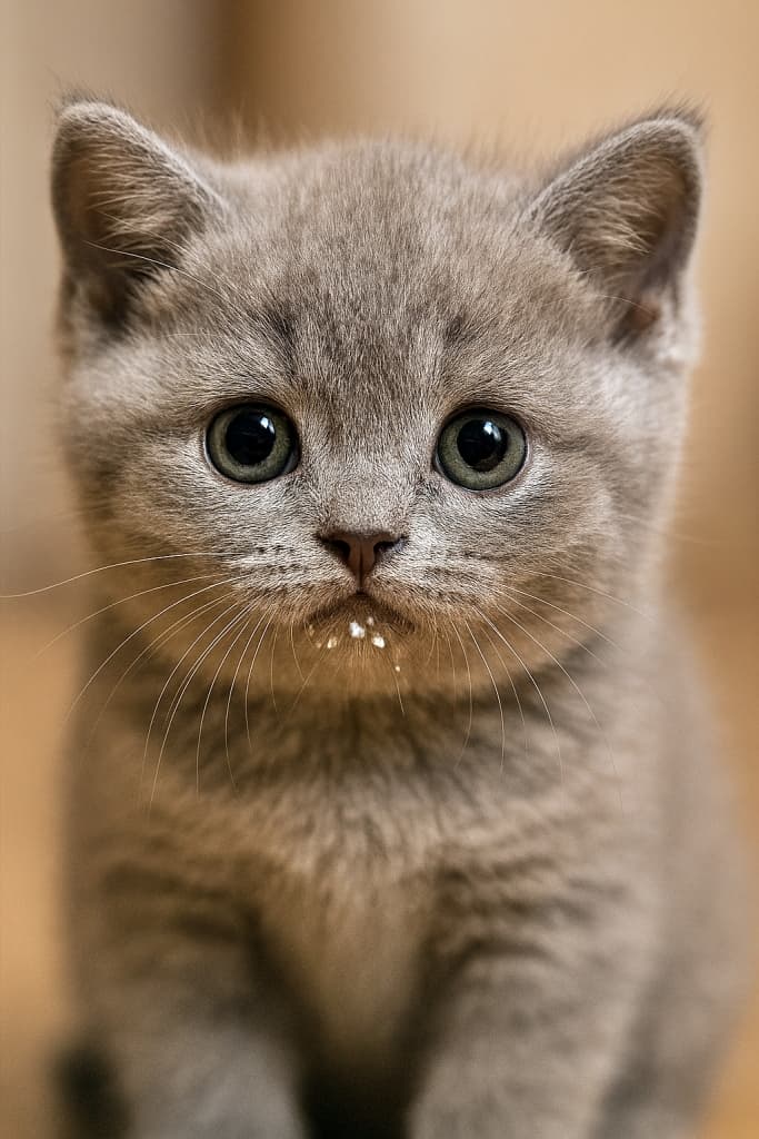 Close-up of a British Shorthair kitten with soft gray fur and big round eyes, gazing at the camera with a few milk droplets on its whiskers. グレーの毛並みが柔らかいブリティッシュショートヘアの子猫が、ウィスカーにミルクのしずくをつけてカメラを見つめる愛らしいアップ写真