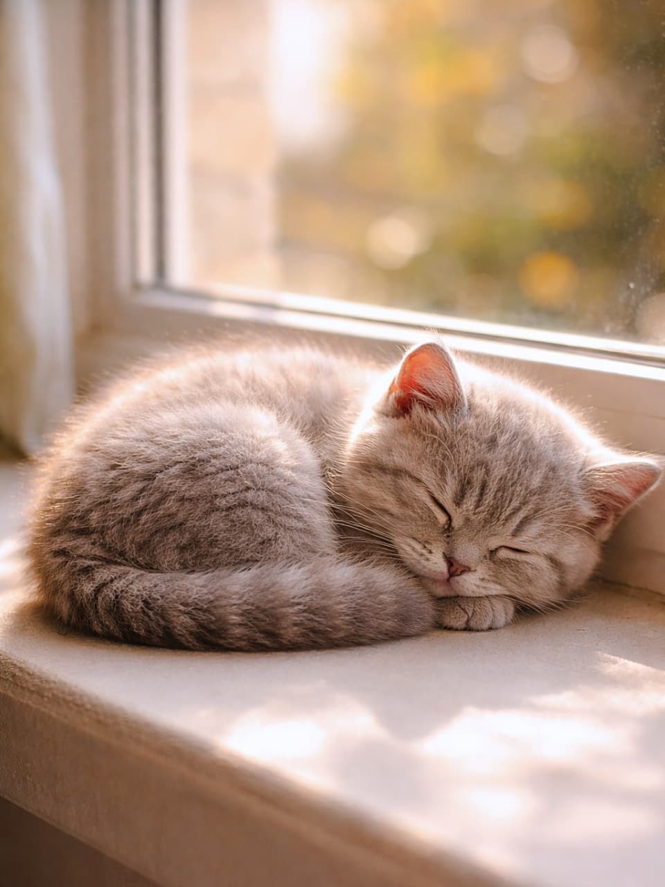 「おひさま独り占めタイム。安心しきった寝顔に時間が止まる」A peacefully sleeping British Shorthair kitten curled on a bright windowsill, glowing in warm afternoon sunlight with soft blurred background bokeh. 午後のやわらかな陽光に照らされ、窓辺で気持ちよさそうに眠るブリティッシュショートヘアの子猫