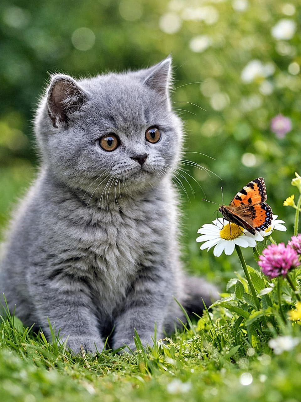 「お花に舞い降りた蝶にくぎ付け。小さなハンターの静かな大冒険が始まる予感」A British Shorthair kitten sitting in a green garden, attentively watching a butterfly resting on a flower in warm natural sunlight. 緑の庭で座り、花にとまった蝶をじっと見つめるブリティッシュショートヘアの子猫