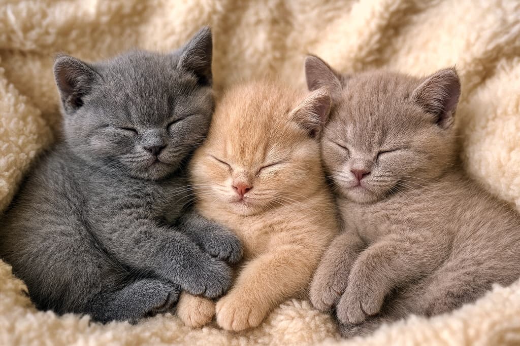 Three British Shorthair kittens—blue, cream, and lilac—sleeping peacefully together on a fluffy cream blanket. ブルー、クリーム、ライラックの毛色を持つ3匹のブリティッシュショートヘアの子猫が、ふわふわのクリーム色の毛布の上で仲良く眠っている