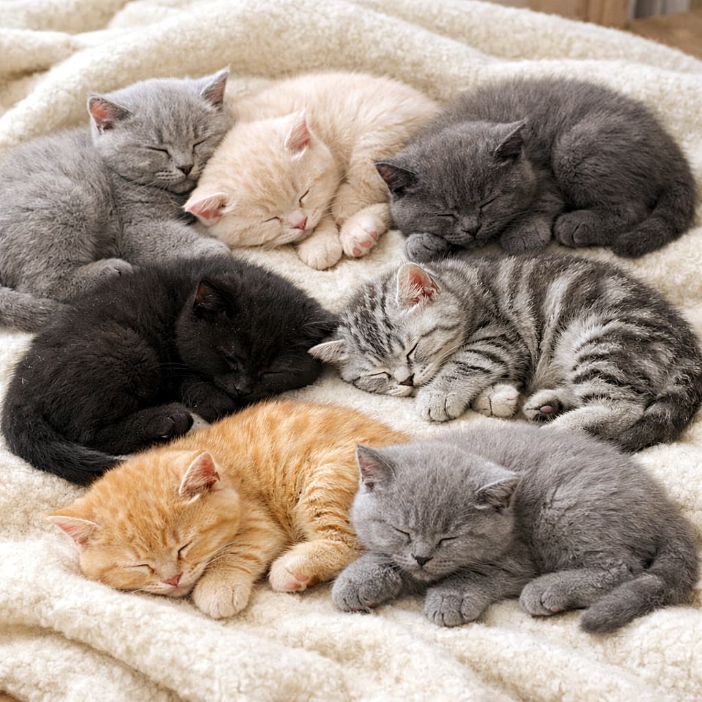 「カラフルなブリショ天国🌈 黒猫ちゃんも混ざって、みんなでくっつき虫!もふもふ密度が最高✨」A colorful group of eight British Shorthair kittens sleeping on a soft fleece blanket, including a black kitten, ginger, grey, and tabby. 柔らかいフリースの毛布の上で眠る8匹のブリティッシュショートヘア。黒猫、茶トラ、グレー、サバトラなどカラフルな毛色が集まっている
