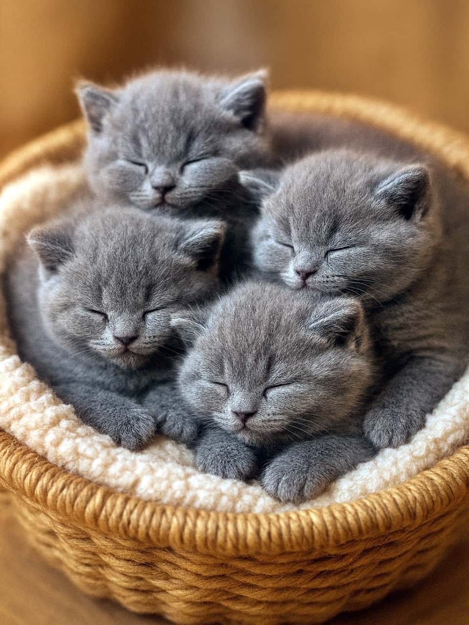 「あったかバスケットでぎゅっと夢の中、もふもふ天使が大渋滞」A group of tiny British Shorthair kittens with fluffy blue‑gray fur sleep closely together in a soft woven basket lined with a cream blanket, illuminated by warm indoor light. ふわふわのブルーグレーの毛をした小さなブリティッシュショートヘアの子猫たちが、クリーム色の毛布を敷いた柔らかなバスケットの中で寄り添って眠っている様子