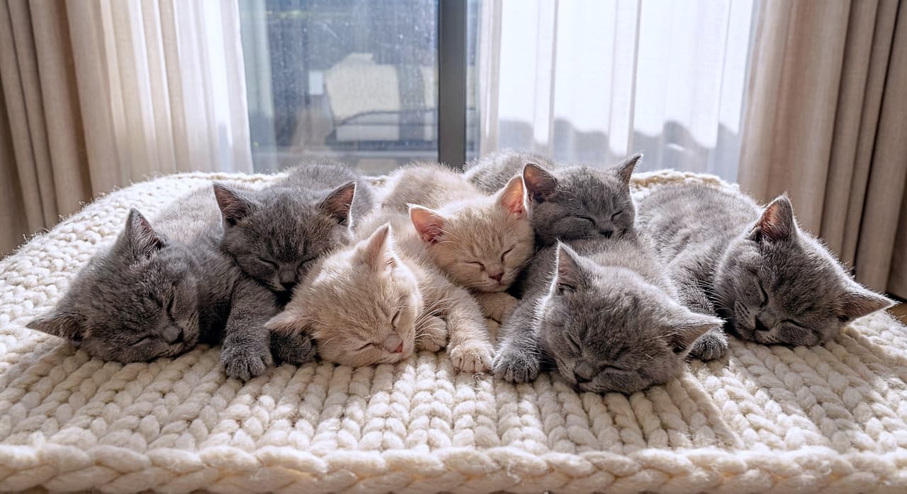 「ぽかぽか窓際でモフモフの猫団子できあがり🧶💤 幸せそうにくっついて眠る子猫たちに癒やされ度1000%✨」A photorealistic, high-resolution image of British Shorthair kittens sleeping peacefully in a natural pile on a soft, chunky knit wool blanket. The kittens, in shades of grey and cream, are bathed in soft, warm window light from behind, creating a calm, cozy atmosphere from a slightly elevated angle. 極太の毛糸で編まれた柔らかいブランケットの上で、身を寄せ合って自然な「猫団子」になって眠るブリティッシュショートヘアの子猫たちのリアルな写真。グレーやクリーム色の子猫たちが、窓からの暖かく柔らかな光に包まれている穏やかな光景
