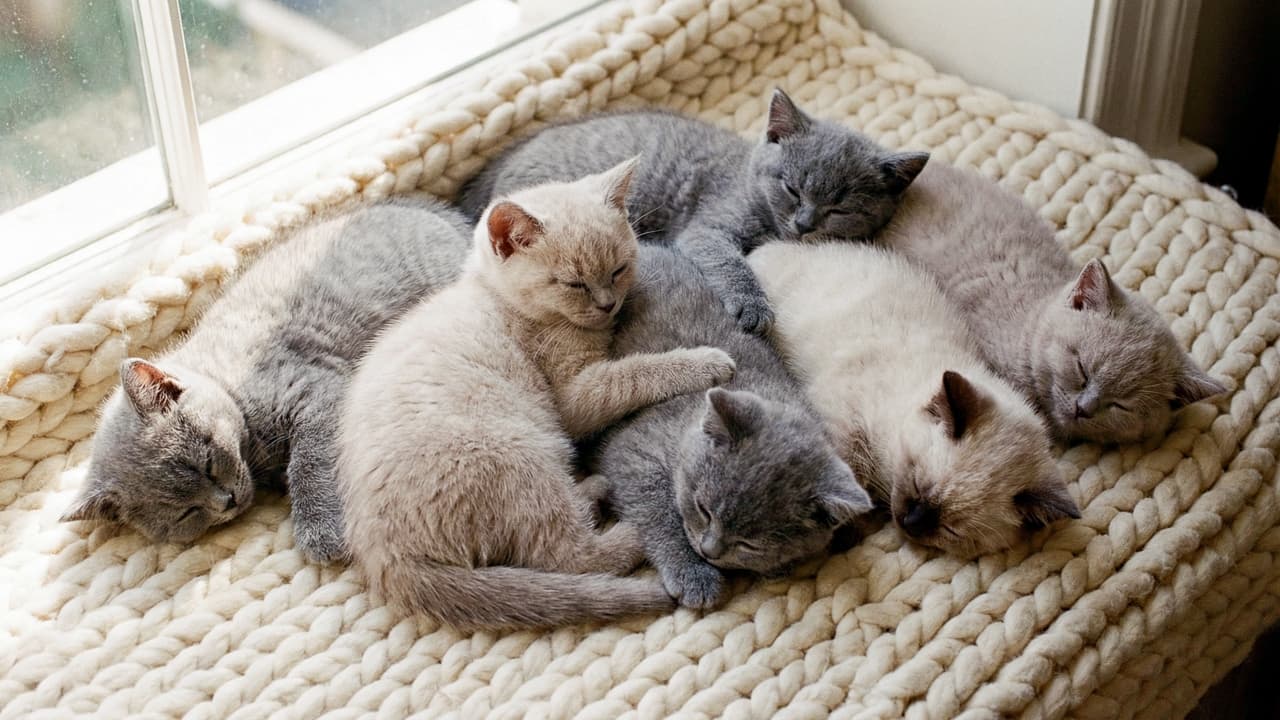 「窓辺でポカポカお昼寝タイム☀️ チャンキーニットに埋もれるブリショちゃんたちが尊い…!💕」Eight British Shorthair kittens sleeping in a row on a chunky knit blanket by a window, featuring mostly grey and cream coats. 窓辺に敷かれた白いチャンキーニット(太い編み目)の上で、一列に重なり合って眠る8匹のブリティッシュショートヘアの子猫たち