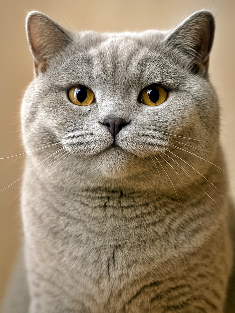 A photorealistic portrait of a British Shorthair cat with round cheeks and a subtle smile, softly lit to highlight its plush gray fur and golden eyes. 丸い頬とほのかな笑みを浮かべたブリティッシュショートヘアの写実的なポートレート。柔らかな光が灰色のふわふわな毛並みと金色の瞳を引き立てている