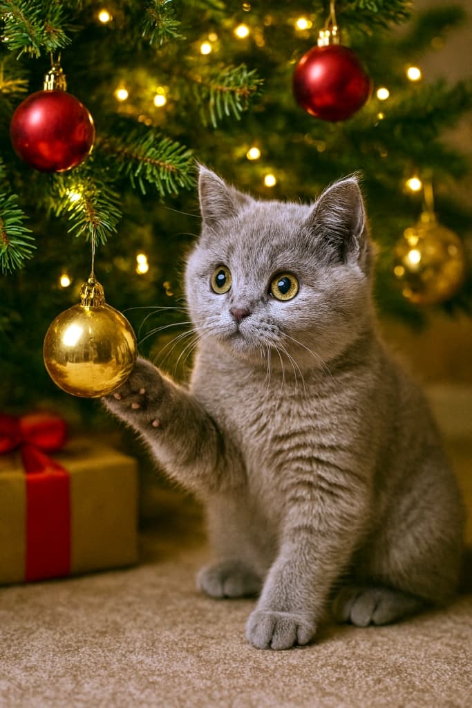 A wide-eyed British Shorthair kitten with soft gray fur sits under a decorated Christmas tree, gently touching a shiny gold bauble with its paw. まんまるな瞳のブリティッシュショートヘアの子猫が、飾り付けられたクリスマスツリーの下で、金色のオーナメントにそっと前足を添えている