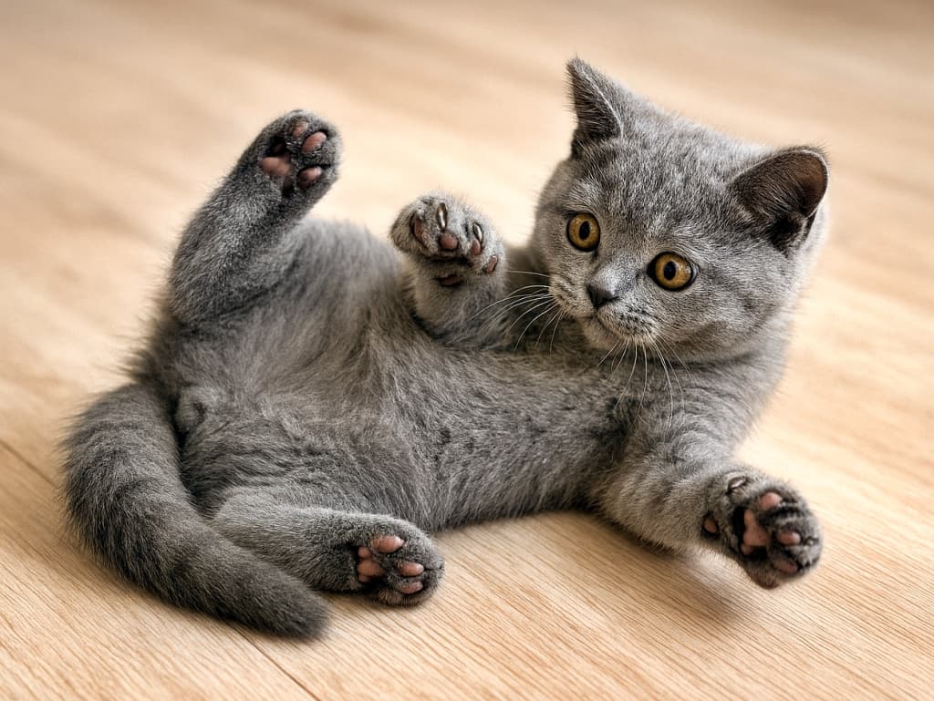 A photorealistic British Shorthair kitten with plush gray fur tumbles playfully on a light wooden floor, reaching for its fluffy tail with wide amber eyes. ふわふわの灰色の毛並みを持つブリティッシュショートヘアの子猫が、明るい木の床の上でじゃれながら転がり、自分のしっぽを追いかけている。瞳は好奇心いっぱいの琥珀色