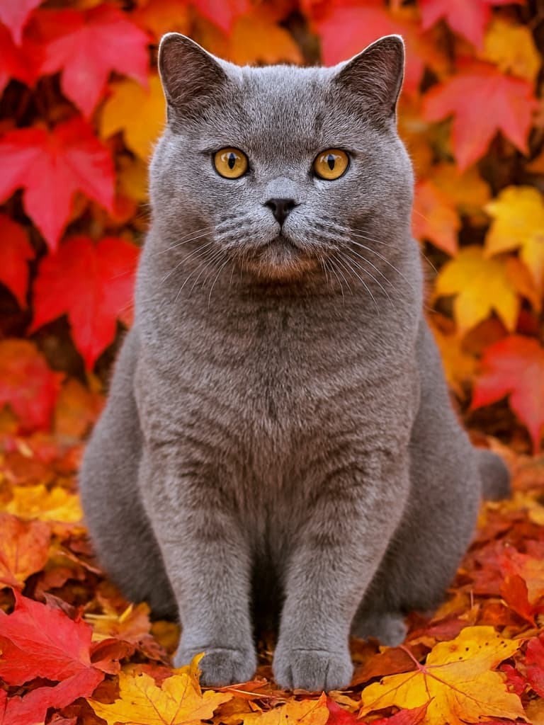 A photorealistic British Shorthair cat with a plush gray coat sits calmly among vivid red and yellow autumn leaves, gazing directly at the camera with amber eyes. ふわふわの灰色の毛並みを持つブリティッシュショートヘアが、鮮やかな赤と黄色の秋の落ち葉に囲まれて穏やかに座り、琥珀色の瞳でカメラを見つめているフォトリアルな描写