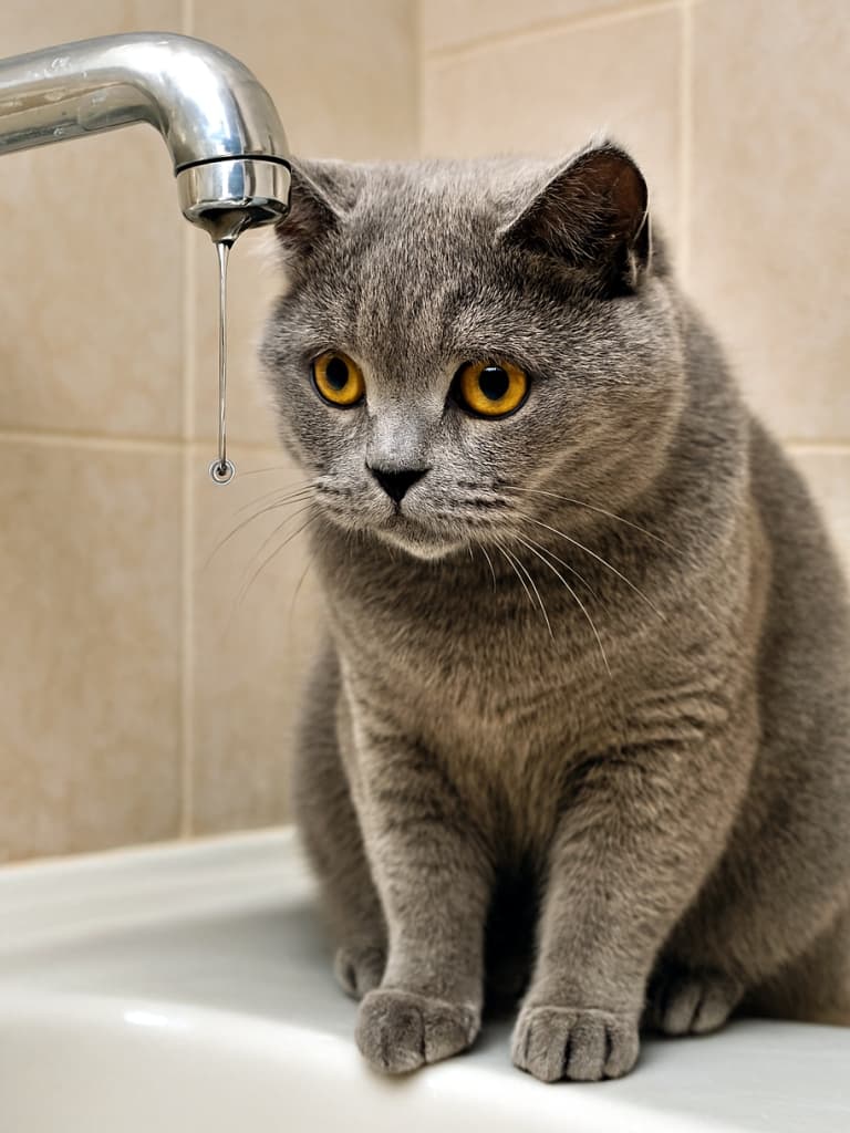 A photorealistic British Shorthair cat with plush grey fur sits on the edge of a white bathtub, intently watching a droplet fall from a chrome faucet in a softly lit bathroom. 白いバスタブの縁に座るグレーの毛並みがふわふわしたブリティッシュショートヘアが、柔らかな光に包まれた浴室で蛇口から落ちる水滴をじっと見つめているリアルな描写