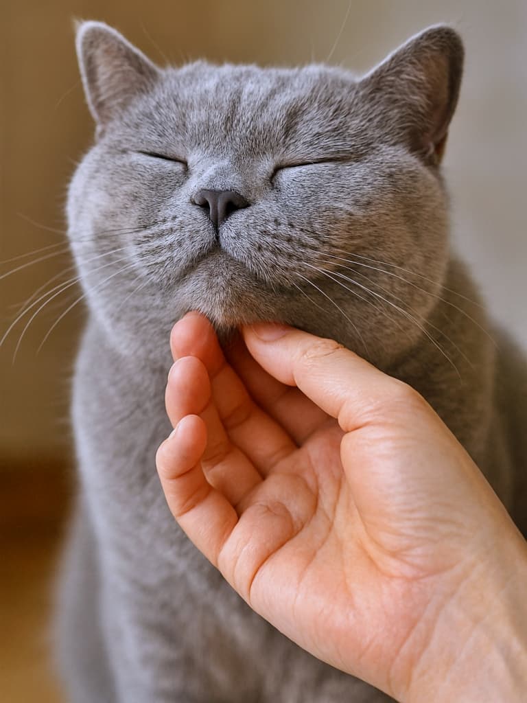 A British Shorthair cat with closed eyes enjoys a gentle chin stroke from a human hand, expressing pure bliss. 人の手に顎を優しく撫でられ、目を閉じて至福の表情を浮かべるブリティッシュショートヘアの猫