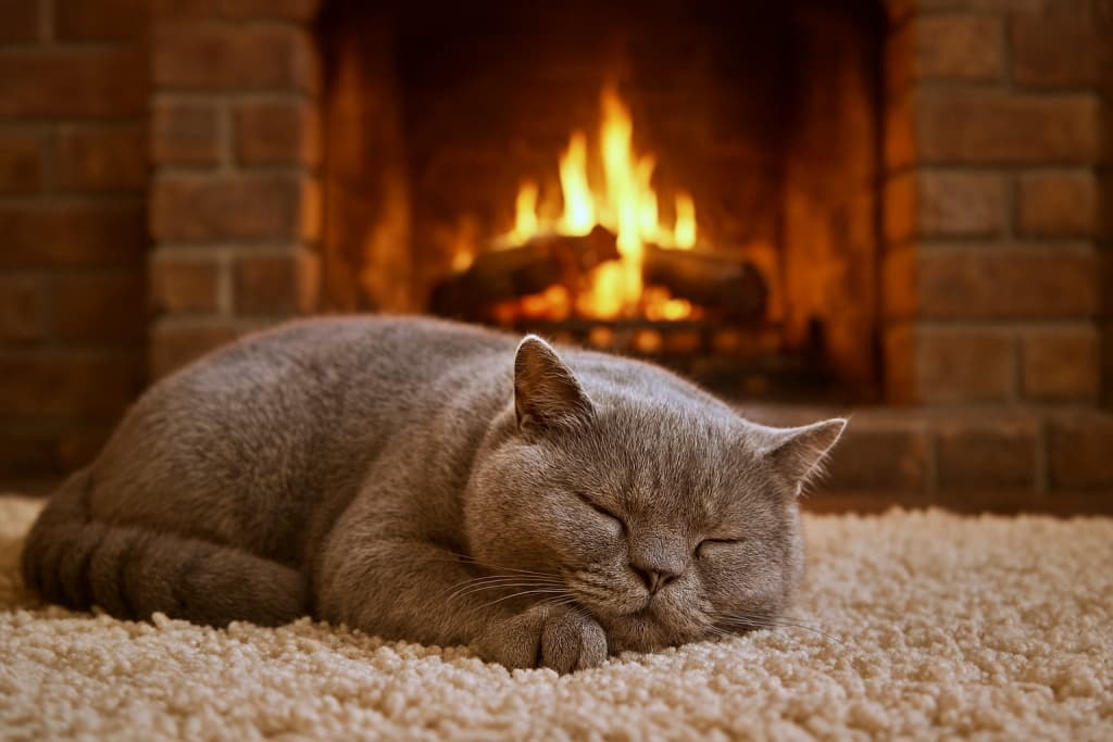 A photorealistic British Shorthair cat sleeps peacefully on a plush rug in front of a glowing fireplace, bathed in warm amber light. 暖かい琥珀色の光に包まれながら、ふわふわのラグの上で穏やかに眠るブリティッシュショートヘアの猫。背景には炎が揺れる暖炉