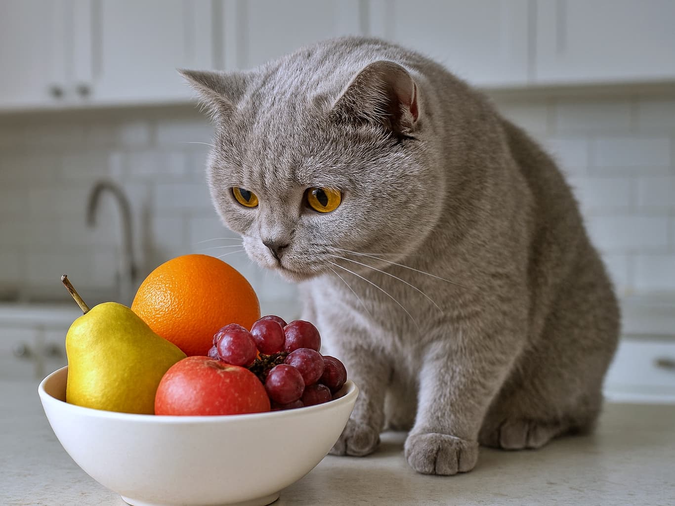 A photorealistic British Shorthair cat with amber eyes sits on a clean kitchen counter, sniffing a bowl of fresh fruit including an apple, orange, pear, and grapes. 琥珀色の瞳を持つリアルなブリティッシュショートヘアが清潔なキッチンカウンターに座り、リンゴ・オレンジ・洋梨・ブドウが入った果物のボウルをくんくんと嗅いでいる