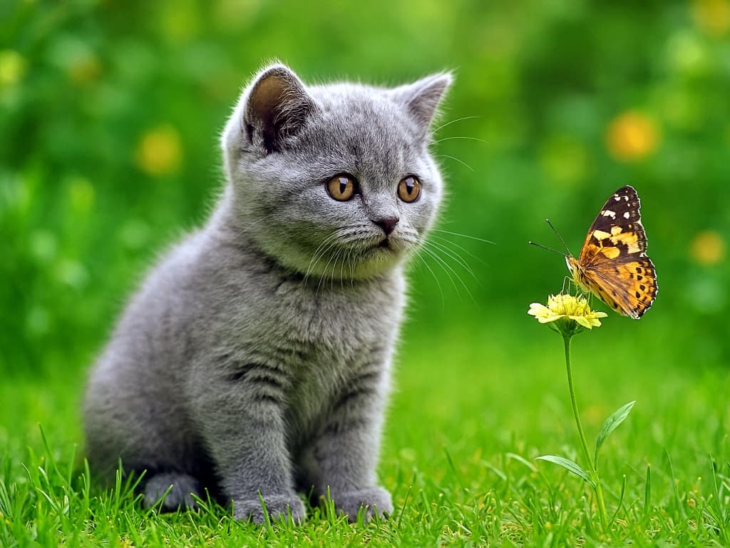A photorealistic British Shorthair kitten with silver-grey fur sits in a lush green garden, intently watching a vibrant butterfly perched on a yellow flower. 銀灰色の毛並みを持つブリティッシュショートヘアの子猫が、緑豊かな庭で黄色い花にとまった鮮やかな蝶をじっと見つめているフォトリアルな描写