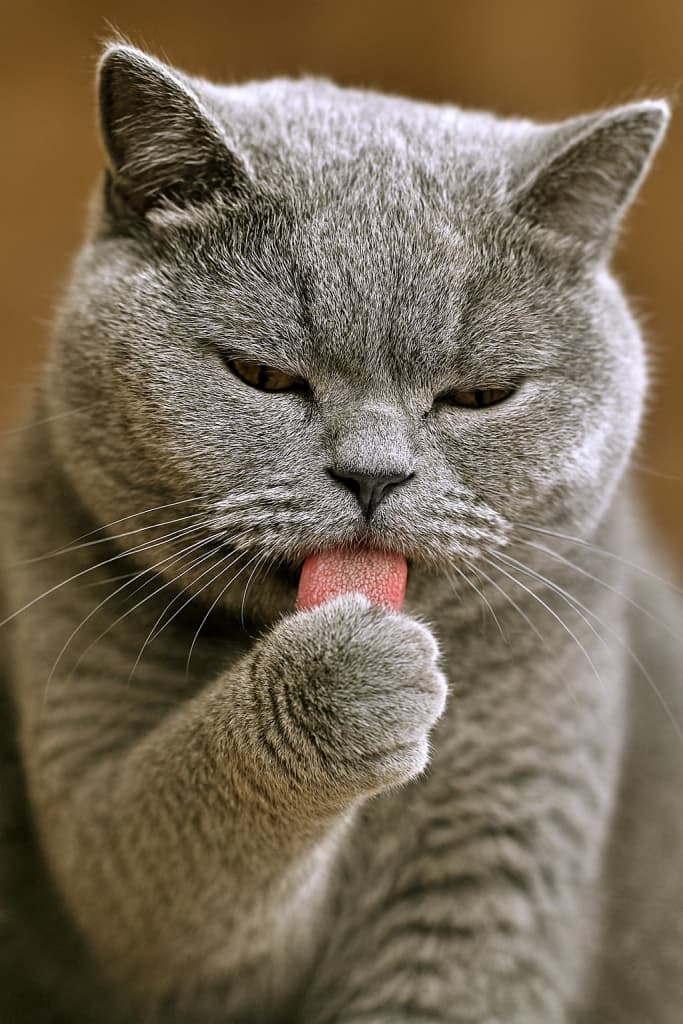 Close-up of a British Shorthair cat grooming its paw with half-closed eyes, showing dense gray fur and a textured pink tongue. 目を細めて前足を丁寧に舐めるブリティッシュショートヘアの猫の接写。密な灰色の毛並みとザラついたピンクの舌が際立つ
