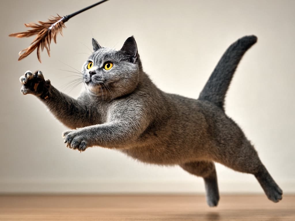 A muscular young British Shorthair cat leaps mid-air with outstretched paws, aiming for a feather toy. Its golden eyes are locked on the target, captured in sharp focus against a soft gray background. 筋肉質な若いブリティッシュショートヘアの猫が宙を舞い、前足を伸ばして羽のおもちゃを狙っている。金色の瞳は獲物に集中し、柔らかなグレー背景にシャープに描写されている