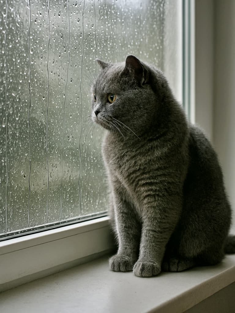 A photorealistic British Shorthair cat sits on a windowsill, silhouetted against a rainy window, gazing thoughtfully outside. 写実的なブリティッシュショートヘアの猫が雨に濡れた窓辺に座り、外を物思いにふけるように見つめている