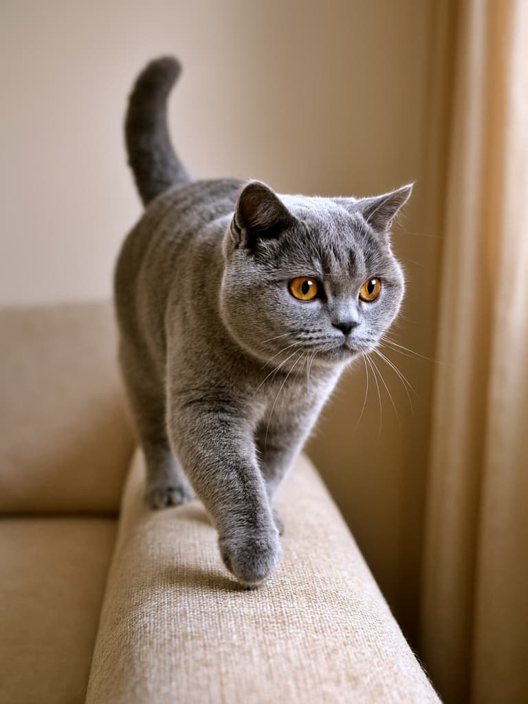 A photorealistic British Shorthair cat with silver-grey fur walks gracefully along the narrow back of a beige sofa, demonstrating perfect balance and focus in soft natural light. 銀灰色の毛並みを持つブリティッシュショートヘアが、ベージュのソファの背もたれを優雅に歩く。自然光に包まれながら、完璧なバランス感覚と集中力を見せている
