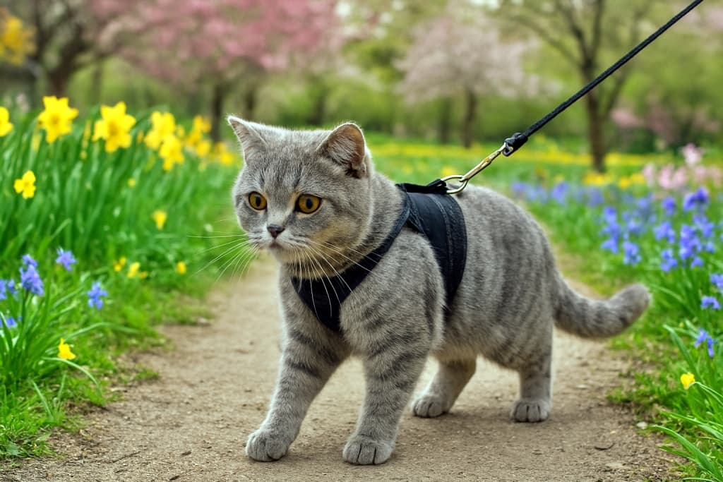 A young British Shorthair cat wearing a black harness and leash cautiously walks along a sunlit park path in spring, surrounded by blooming daffodils, bluebells, and cherry blossoms. 春の公園の小道を、黒いハーネスとリードをつけた若いブリティッシュショートヘアが慎重に歩いている。周囲には水仙、ブルーベル、桜が咲き誇っている