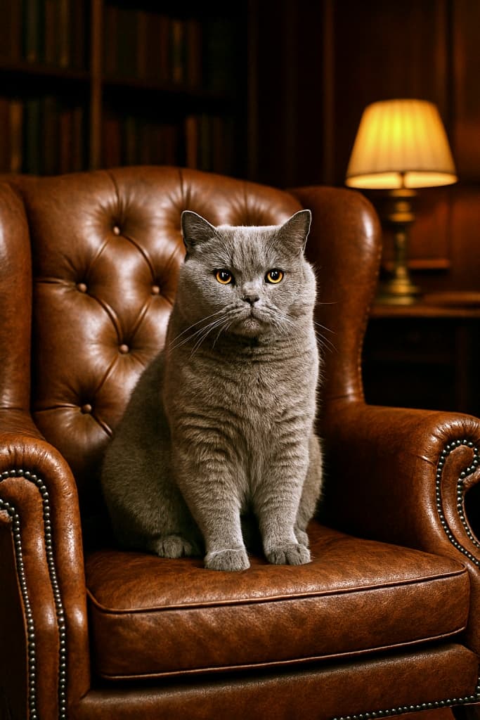 A regal British Shorthair cat with plush gray fur and amber eyes sits upright on a brown leather armchair in a dimly lit study. The background features dark wood paneling, vintage bookshelves, and a warm brass lamp, creating a refined and cozy atmosphere. 灰色の毛並みと琥珀色の瞳を持つ気品あるブリティッシュショートヘアが、薄暗い書斎の茶色い革張りの肘掛け椅子に堂々と座っている。背景には重厚な木製パネル、本棚、真鍮のランプがあり、洗練された温かみのある雰囲気を演出している