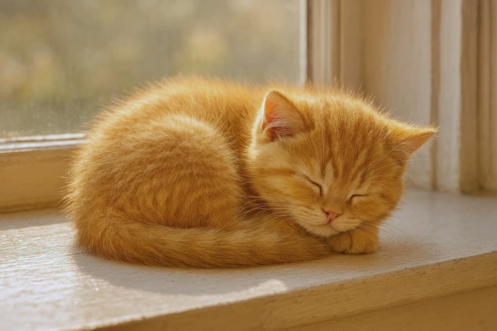 A photorealistic British Shorthair kitten with golden-orange fur sleeps curled up on a sunlit windowsill, bathed in warm morning light. フォトリアルな金茶色の毛並みのブリティッシュショートヘアの子猫が、朝の陽光に包まれた窓辺で丸くなって眠っている