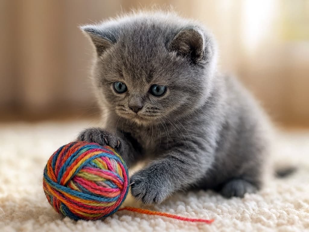 A fluffy blue-gray British Shorthair kitten gently pats a colorful ball of yarn on a soft white rug, bathed in warm morning light. ふわふわの青灰色ブリティッシュショートヘアの子猫が、柔らかな白いラグの上でカラフルな毛糸玉を優しく触れており、朝のやさしい光に包まれている