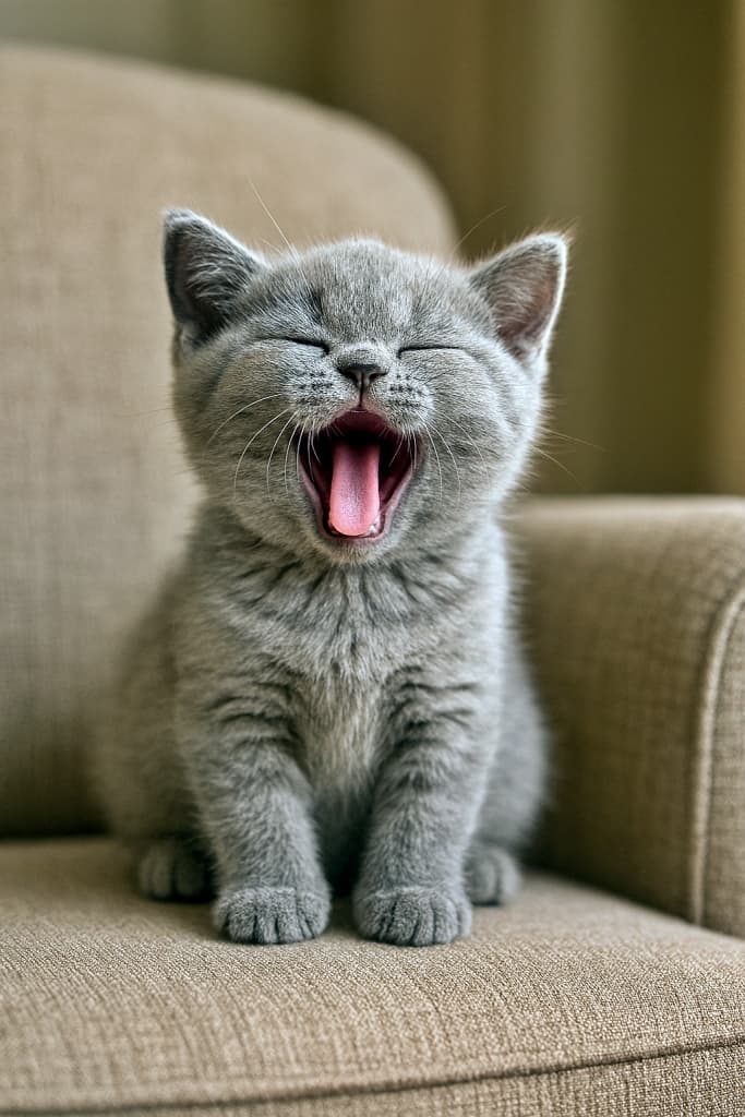 A photorealistic British Shorthair kitten mid-yawn, eyes closed, tiny pink tongue visible, sitting on a beige armchair in warm natural light. フォトリアルなブリティッシュショートヘアの子猫が、目を閉じて大きなあくびをしている様子。小さなピンクの舌が見え、ベージュのアームチェアに座って自然光に包まれている