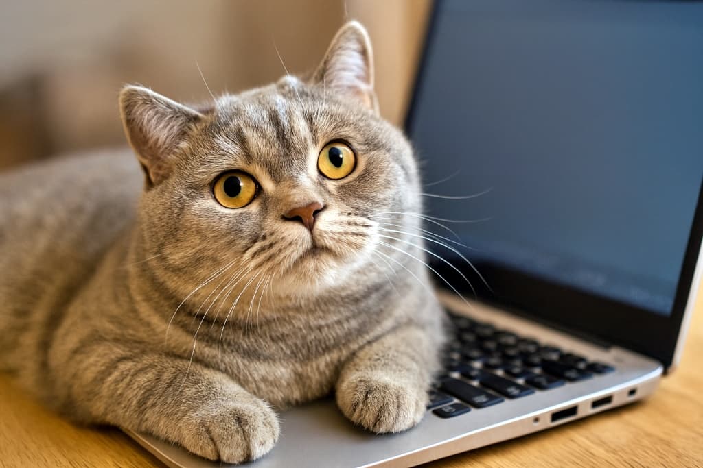 A cheeky British Shorthair cat with plush silver-blue fur lies sprawled across a laptop keyboard, gazing up with round amber eyes as if demanding attention. The scene is warmly lit in a cozy home office. ふてぶてしい表情のブリティッシュショートヘアが、銀青色のふわふわな毛並みでノートパソコンのキーボードに寝そべり、まん丸の琥珀色の瞳で「かまってよ」と見上げている。暖かい照明の家庭的なオフィス空間