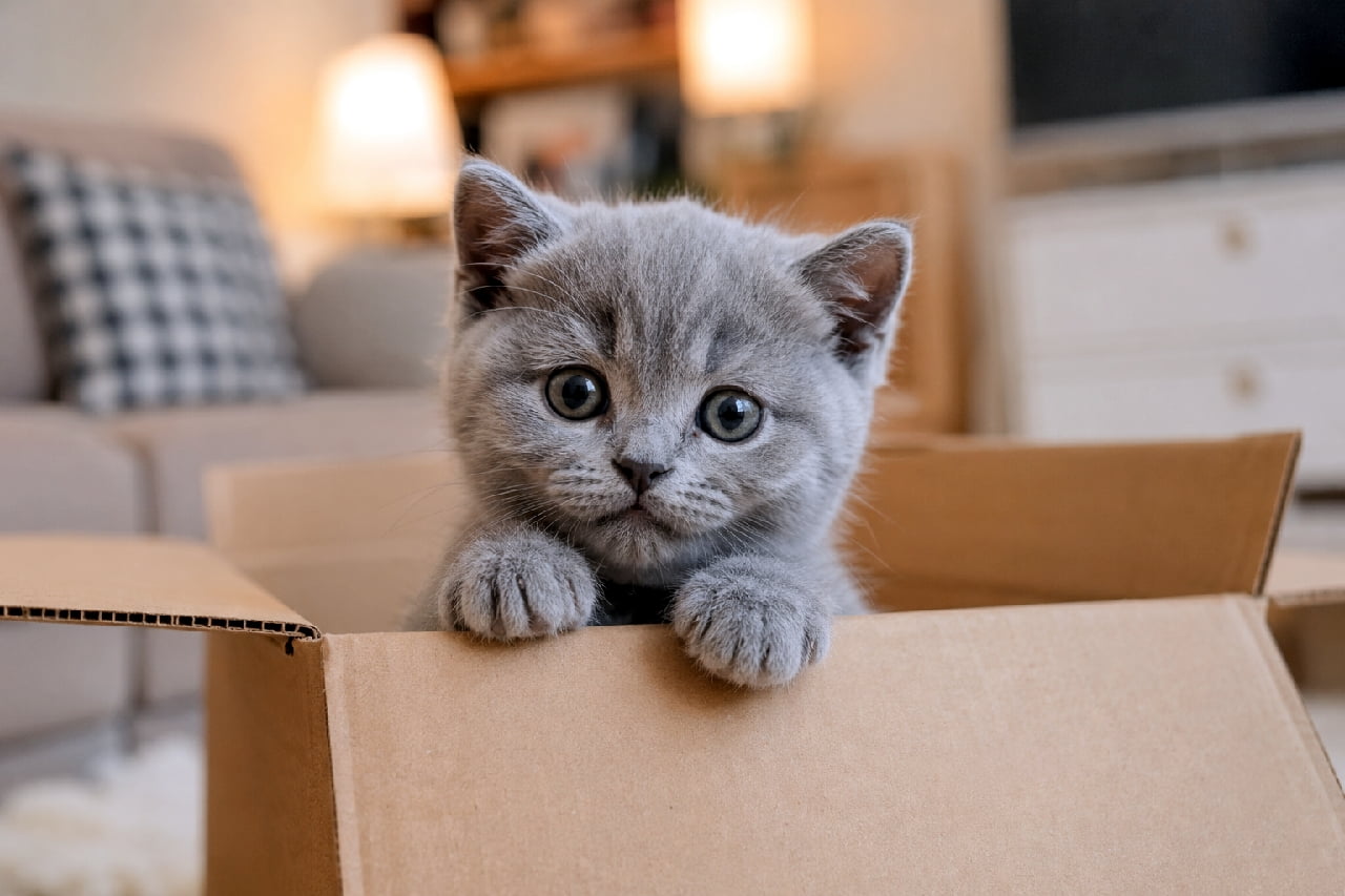 「にゃんこホイホイ発動中📦✨ 箱があると絶対に入っちゃうの、猫あるあるですよね🐾 見つめるおめめが可愛すぎる🥺💖 #ねこ部 #猫あるある #猫のいる暮らし #ブリティッシュショートヘア」Ultra-realistic high-quality photograph of a curious British Shorthair kitten peeking out of a cardboard box in a cozy living room. Its big round eyes, chubby muzzle, and tiny paws resting on the edge create an incredibly engaging and adorable scene. 暖かみのあるリビングルームを背景に、段ボール箱からひょっこりと顔と前足を出すブリティッシュショートヘアの子猫。特有のまん丸な瞳とふっくらしたマズル、そして箱のフチにちょこんと乗せられた小さな前足が、好奇心に満ちた愛らしい姿を捉えています