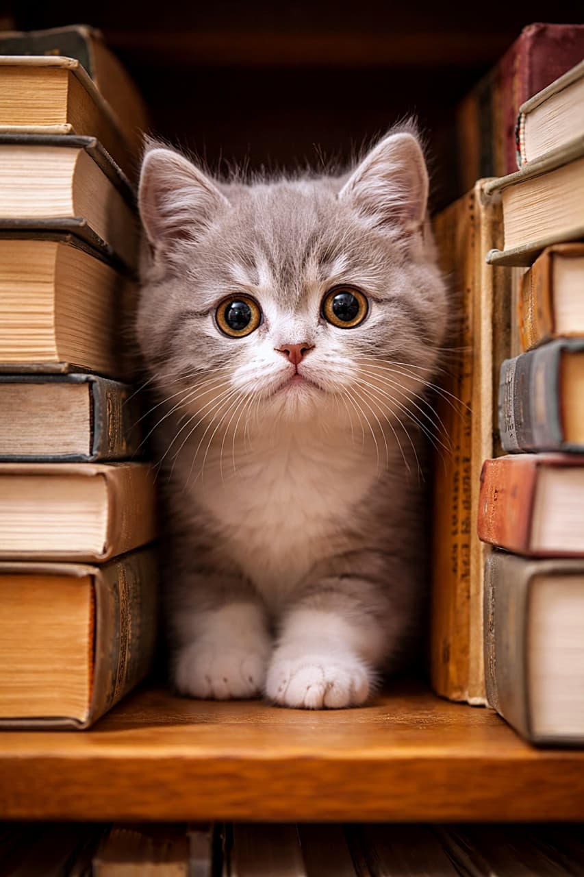 「「この本の世界、ちょっと気になるにゃ?」本棚からひょっこり探検中の知的子猫さん📚🐾」A curious British Shorthair kitten peeking out from between rows of books on a wooden bookshelf, gazing forward with wide, bright eyes in warm, soft lighting. 木製の本棚で本と本の間から顔をのぞかせ、明るく大きな瞳で前を見つめる好奇心旺盛なブリティッシュショートヘアの子猫