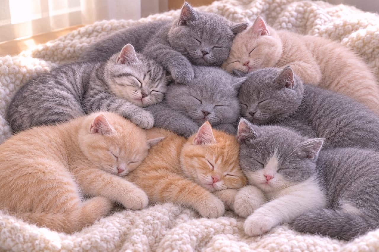 「もふもふの大渋滞発生中🚨☁️色とりどりの赤ちゃん猫たちが身を寄せ合って眠る姿は、見ているだけで幸せホルモン全開です🤤💕 #子猫 #癒やしの時間 #ねこ部 #日常の風景 #猫のいる暮らし #ブリティッシュショートヘア」Ultra-realistic high-quality photograph of eight adorable British Shorthair kittens of various colors—blue, cream, silver tabby, and bi-color—sleeping closely together on a white chunky knit blanket. The warm sunlight perfectly captures this incredibly fluffy and heartwarming scene. 温かな日差しが差し込む室内で、白いニットの毛布の上に重なり合って眠る8匹のブリティッシュショートヘアの子猫たち。ブルー、クリーム、シルバータビー、バイカラーなど多彩な被毛がモフモフの塊となり、安らかな寝顔が究極の癒やしを与える高解像度写真
