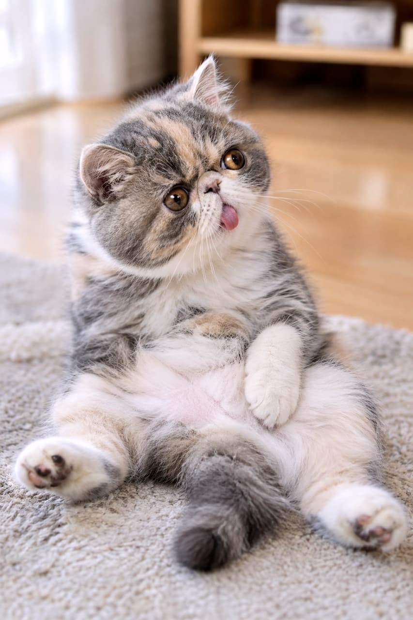 「ペロッと出た舌とスコ座りのコンボは反則級の可愛さ🐾中におじさんが入ってそうなリラックス感に思わず爆笑😂 #エキゾチックショートヘア #スコ座り」Ultra-realistic high-quality photograph of an exotic shorthair kitten relaxing in a slouched "Sco-zuwari" pose on a soft rug in a bright room. The kitten's fluffy dilute calico coat, large round amber eyes, and slightly protruding pink tongue create a highly humorous and adorable expression. 明るい室内のラグの上で、背中を丸めて後ろ足を広げたいわゆる「スコ座り」でくつろぐエキゾチックショートヘアの子猫。パステル調の三毛模様(ダイリュートキャリコ)のふわふわな被毛と、大きな丸いアンバーの瞳、そして無防備にペロッと出したピンクの舌が、ユーモラスで愛らしい情景を作り出しています