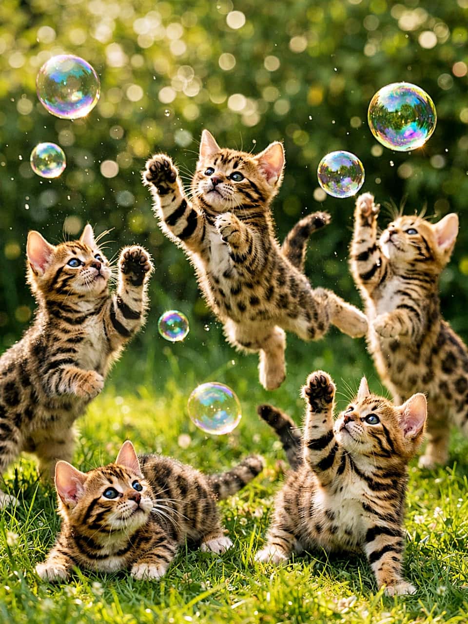 「シャボン玉を追いかけるベンガル子猫たちの、キラキラ大冒険タイム！🐾✨」Five 8-week-old Bengal kittens jumping and chasing soap bubbles in a sunny grassy garden, playful and energetic scene 日差しの差し込む芝生の庭で、シャボン玉を追いかけて跳ね回る生後8週のベンガル子猫5匹