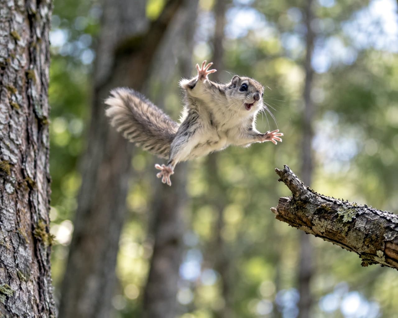 「えっ、そこ?!狙った枝を外して空中を泳ぐムササビちゃんの慌て顔🌲💦」Ultra-realistic high-quality photograph of a small, grayish-brown gliding rodent (a flying squirrel resembling a gerbil, intended as a giant flying squirrel but smaller) in mid-air, having missed its mark on a broken branch. The creature has a panicked expression with wide-open eyes and mouth, desperately flailing its visible paws as it tumbles. The background is a deeply blurred, sun-dappled forest, with the rodent near a large tree trunk. The left hind leg is obscured. 森の木々の間を滑空する、灰褐色の毛並みを持つ小さな齧歯類(モモンガに似たムササビ)の空中姿勢。狙っていた折れた枝の手前でジャンプを失敗した瞬間で、目を大きく見開き、口を開けた慌てた表情をしている。4本のうち見えている3本の脚を必死に広げて、空中を泳ぐようなポーズ。背景は、強い自然光が差し込む深い緑の森が、ダイナミックにボケている。左後ろ足はオクルージョンで隠れている