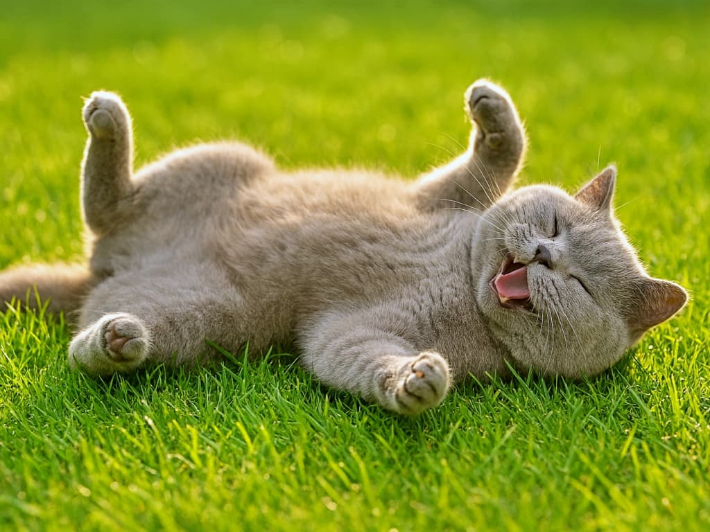 「芝生の上でゴロゴロ♪ 太陽に包まれて幸せいっぱいのブリショ!」 🌿☀️🐾A photorealistic British Shorthair cat with a plush gray coat rolls joyfully on its back across a lush green lawn, bathed in warm afternoon sunlight. Its paws are raised playfully, and the soft golden light highlights the texture of its fur and the vibrant grass. フォトリアルなブリティッシュショートヘアの猫が、豊かな緑の芝生の上で楽しそうに仰向けに転がり、午後の柔らかな陽射しに包まれています。ふわふわの灰色の毛並みが光に照らされ、芝生の鮮やかさと猫の愛らしい仕草が際立っています