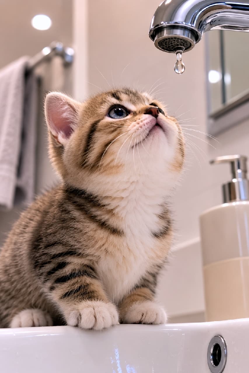 「「なにこれ？捕まえられるかにゃ？」水滴に心を奪われる、好奇心120%の子猫ちゃんです🐾💧 #猫のいる暮らし #キッチン #水滴」Ultra-realistic high-quality photograph of a very young, round-faced, adorable kitten with brown tabby and white markings and white paws (socks), sitting on the edge of a white kitchen sink. The kitten has wide, curious blue-grey eyes looking directly up at a single water droplet dripping from a modern chrome faucet. Soft, warm light from overhead spotlights illuminates the kitten's dense, striped fur and causes the water drop to glisten. The background shows a clean kitchen environment with a soap dispenser, grey towel, and reflections in a blurred mirror, with shallow depth of field. モダンなキッチンの白いシンクの縁にお座りする、丸顔で愛らしいキジトラ白（ブラウンタビー＆ホワイト）の子猫。好奇心に満ちた丸い瞳で、目の前のステンレス蛇口から落ちる一滴の水滴をじっと見上げている。白いソックスを履いたような足先と喉元の白さが、鮮明な縞模様と美しく対比する。背景にはソープディスペンサーやタオルが柔らかくボケており、清潔感のある空間。ダウンライトの柔らかい光が、子猫の密集した毛並みと水滴の煌めきを柔らかく際立たせる