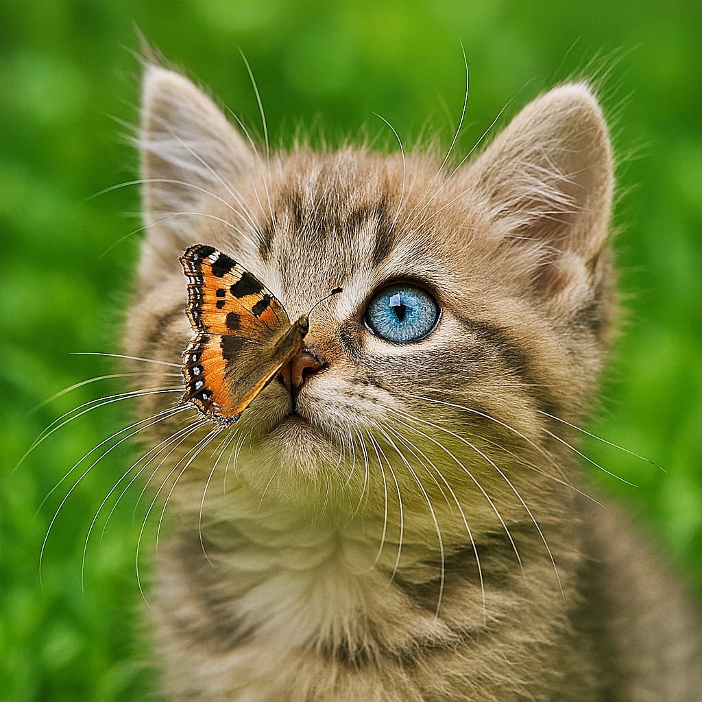 「ちょこんと鼻に春が来た！」A macro photograph of a blue‑eyed kitten with cream and gray fur, gazing cross‑eyed at an orange‑and‑black Small Tortoiseshell butterfly resting on its nose, set against a softly blurred lush green garden background. 青い瞳の子猫が、鼻先にとまったオレンジと黒のヒオドシチョウを見つめているマクロ写真。背景は柔らかくぼけた緑豊かな庭