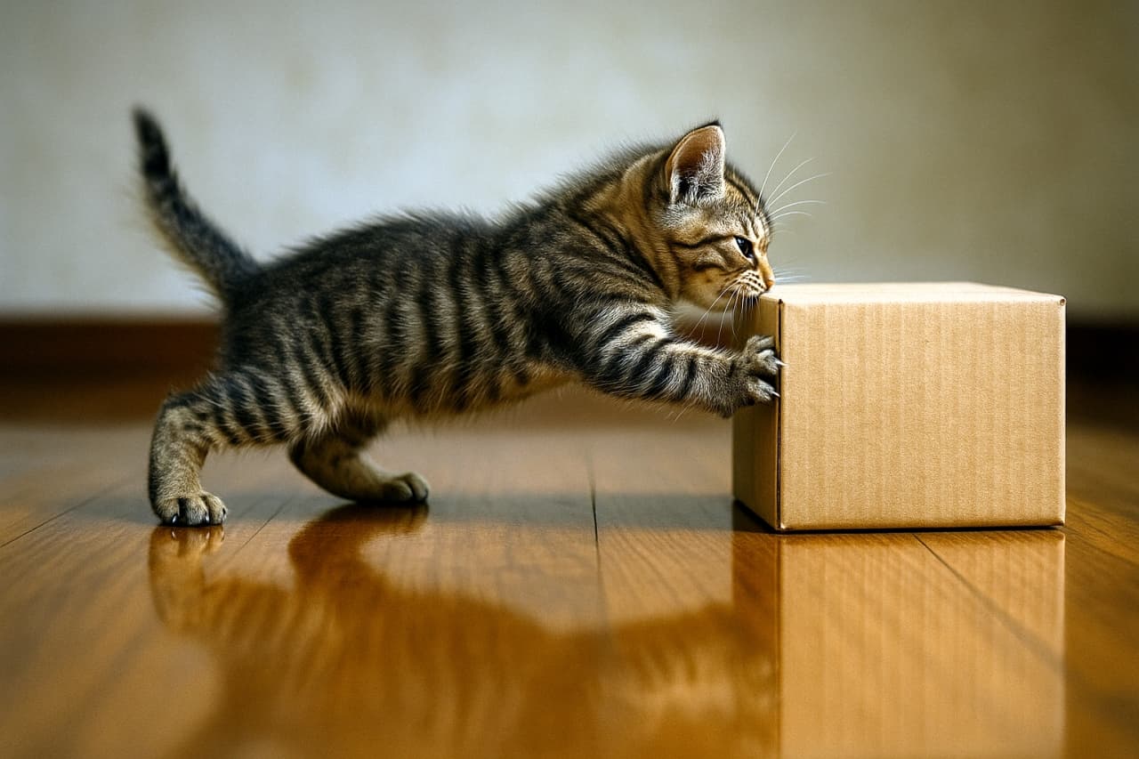 A curious tabby kitten pushes a small cardboard box across a polished wooden floor, stretching forward with playful determination in a softly blurred indoor setting.