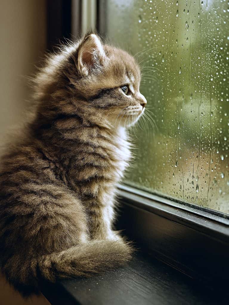 「「雨の日はちょっぴりセンチメンタル…」窓の外を見つめるその瞳は本物の好奇心！」A fluffy kitten sits on a windowsill, gazing out at the rain through a speckled window. Its body is angled away in a three-quarter view, with its round head turned toward the light. One ear is visibly intact, while the other is missing or malformed due to a generation error, creating an unintended asymmetry. ふわふわの子猫が窓辺に座り、雨粒のついた窓越しに外をじっと見つめている。体は斜め後ろ向きで、丸い頭を窓に向けて振り返っている。片耳は正常だが、もう片方の耳が欠損しており、生成エラーによる意図しない左右非対称が生じている