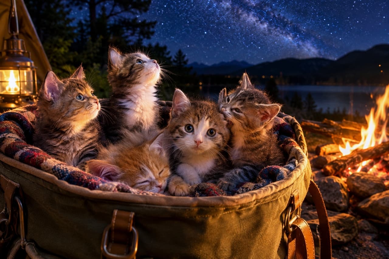 「満天の星空と焚き火の暖かさ🏕️✨スヤスヤ眠る子猫たちと一緒にキャンプ気分を味わいませんか?🐈🔥」Ultra-realistic high-quality photograph of five kittens under 8 weeks old in a canvas basket illuminated by a warm campfire, set against a magnificent starry night sky with the Milky Way. A tabby looks at a lantern, a tabby and white looks up at the stars, and an orange tabby and white sleeps peacefully in the front. Two tabbies cuddle on the right, with one grooming the other's ear. Dramatic nighttime camping scene. Ultra-realistic high-quality photograph。満天の星空と天の川が広がるキャンプ場。テントのそばで燃える焚き火の暖かな光に照らされたキャンバス地のカゴに、生後8週未満の5匹の子猫が入っている。左のキジトラはランタンを見つめ、中央上のキジ白は星空を見上げ、手前の茶トラ白はスヤスヤと眠る。右のキジトラ2匹は寄り添い、1匹は仲間の耳を毛繕いしている。ドラマチックな夜の情景
