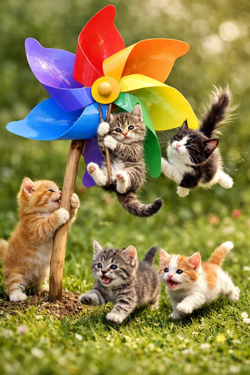 「全力で遊ぶ、風車と子猫の大騒ぎ🐾🌈」Five tiny kittens play with a giant colorful pinwheel in a grassy field. An orange tabby kitten with one ear missing pushes the pole, while a black-and-white kitten leaps through the air. Another kitten hangs from a spinning blade as the others chase joyfully. 草原の大きなカラフルな風車で遊ぶ5匹の子猫たち。片耳が欠けた茶トラが棒を押し、はちわれの子猫が宙を飛び、別の子は羽につかまって回っている