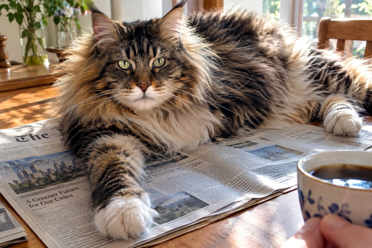 「今日のニュースは私からにゃ🗞️🐾 威厳たっぷりのモフモフ上司に新聞を占拠されて、朝の時間は一時停止中です☕️ #メインクーン #モーニング」An ultra-realistic high-quality photograph of a majestic tabby Maine Coon cat with long fluffy fur, sprawling over a morning newspaper on a wooden table, stretching its paw towards a coffee cup, interrupting the morning routine. 朝の光が差し込むダイニングテーブルで、広げられた英字新聞の上にドッシリと寝そべるキジトラのメインクーン。コーヒーカップに向かって前足を伸ばし、鋭い眼差しで飼い主の朝のルーティンを完全に阻止