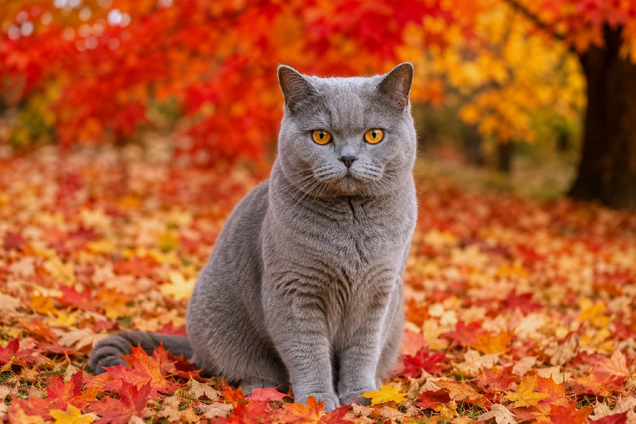 「秋の風景に溶け込む王者の風格🍁✨ 紅葉色のおめめとふっくらボディの組み合わせが、芸術的な美しさです!📸🍂 #秋と猫 #紅葉狩り #猫のいる暮らし #ブリティッシュショートヘア」Ultra-realistic high-quality photograph of a majestic blue British Shorthair cat sitting squarely on a bed of vibrant red and orange autumn leaves. Amidst the fall colors, its grey coat and large round orange eyes—perfectly matching the background—radiate a mystical and striking beauty. 燃えるような赤やオレンジの紅葉の落ち葉の上にどっしりと座り、カメラをじっと見つめるブルーのブリティッシュショートヘア。秋の鮮やかな色彩の中で、猫の灰色の被毛と、背景と見事に調和したオレンジ色の丸い瞳が神秘的な美しさを放っています