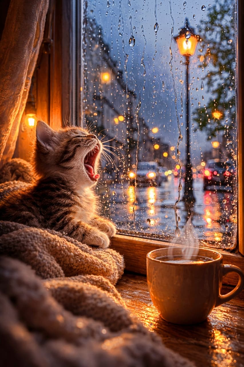 「しとしと夜景と、のび〜るあくび🐾」A photorealistic kitten yawning on a blanket-covered windowsill, gazing through rain-covered glass at a moody night street illuminated by warm streetlights and blurred bokeh reflections. 雨粒が流れる窓辺で、街灯の灯りがにじむ夜の街を見つめながらあくびをする子猫の幻想的なフォトリアルシーン